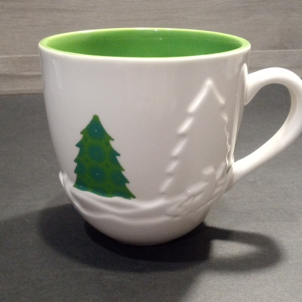 Starbucks White Mug with Green Interior and Tree Accent